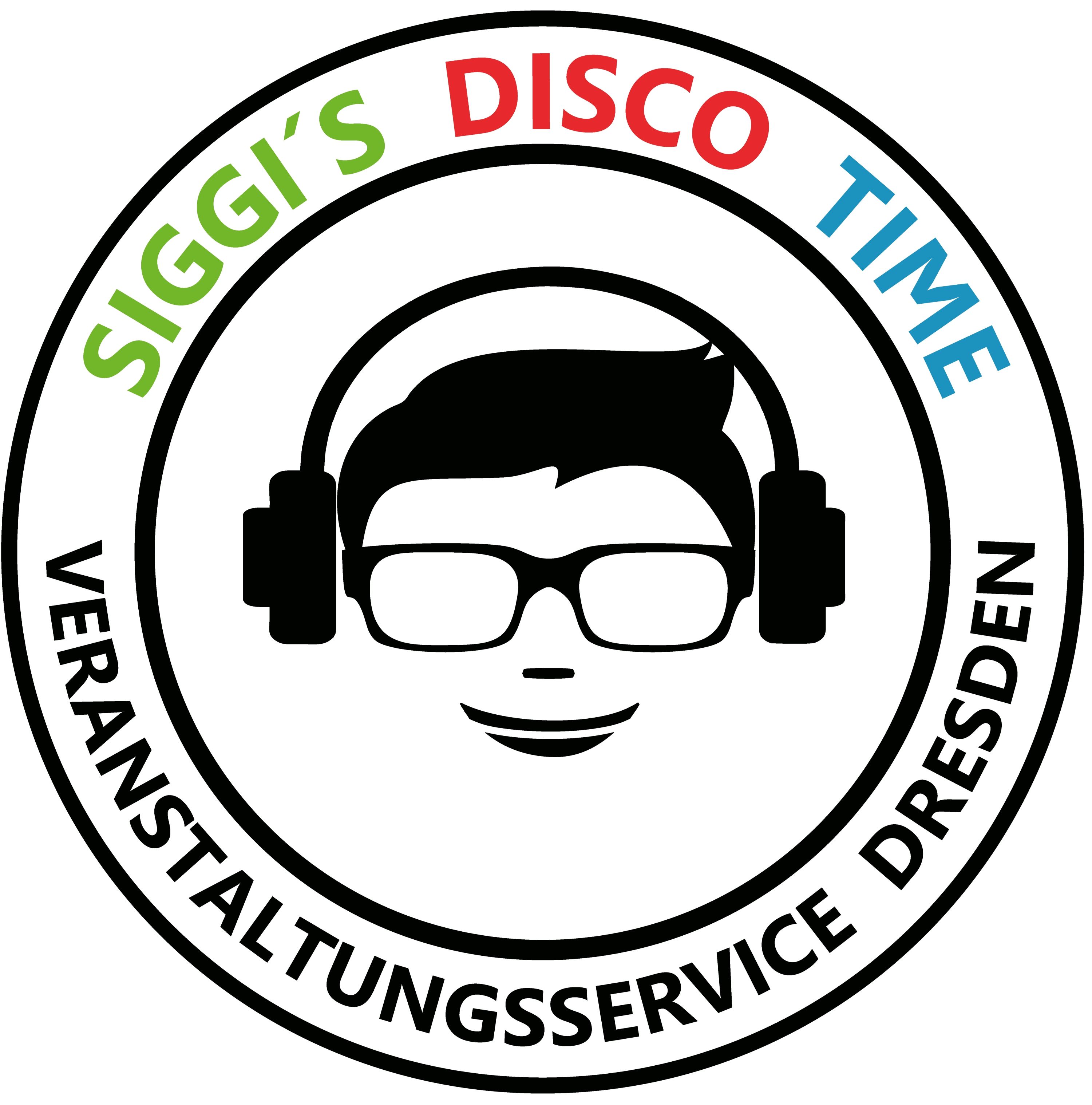 Logo Siggi´s Disco Time, Gesicht mit Kopfhörern  und Schrift oben und unten